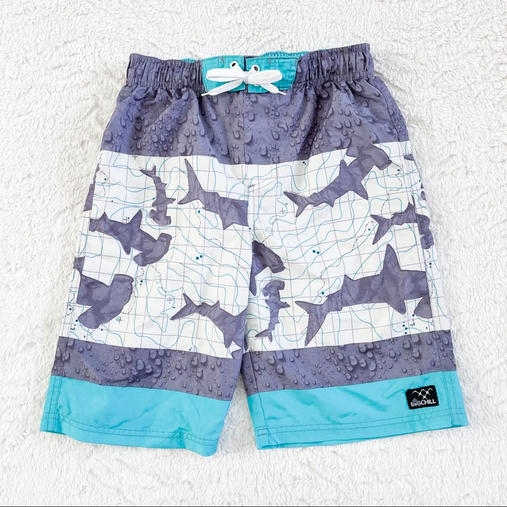 Big Chill Gray and Aqua Shark Swim Trunks 10/12